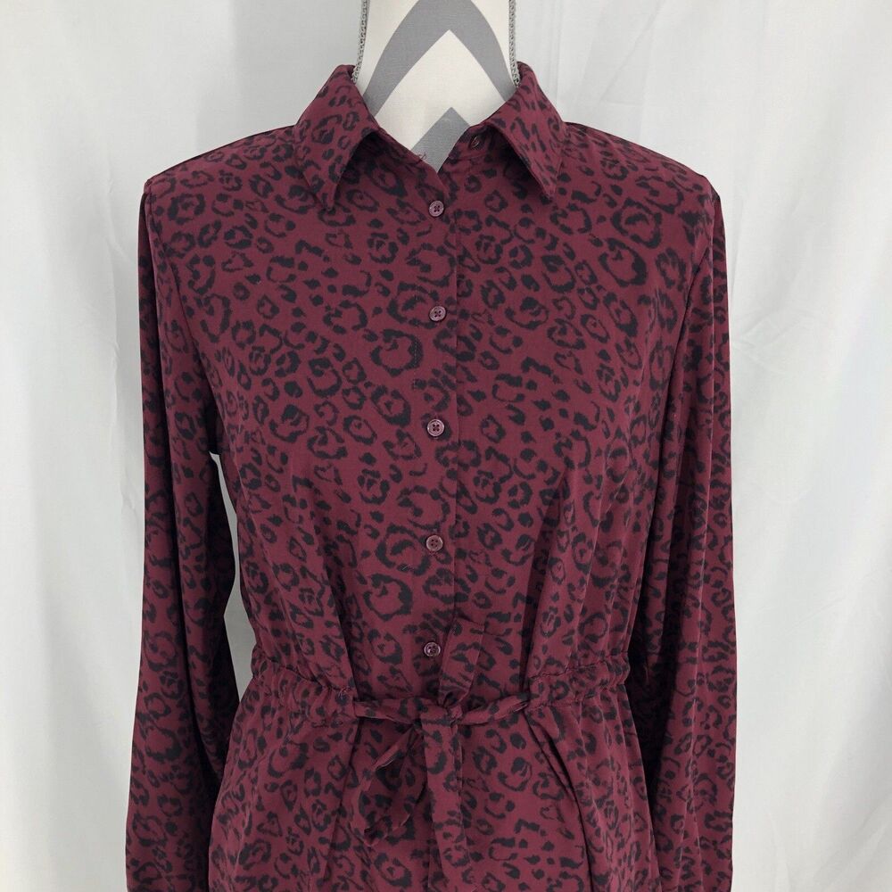 A New Day Button Up Shirt Dress Belted Maroon Red & Black Leopard Print Medium